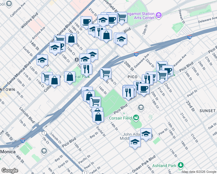 map of restaurants, bars, coffee shops, grocery stores, and more near 1824 17th Street in Santa Monica