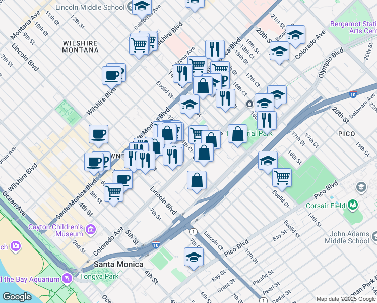 map of restaurants, bars, coffee shops, grocery stores, and more near 1560 12th Street in Santa Monica