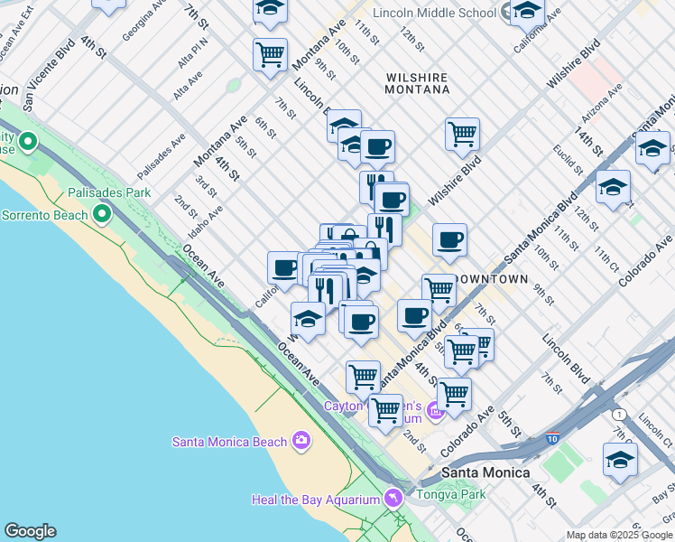 map of restaurants, bars, coffee shops, grocery stores, and more near 401 Wilshire Boulevard in Santa Monica