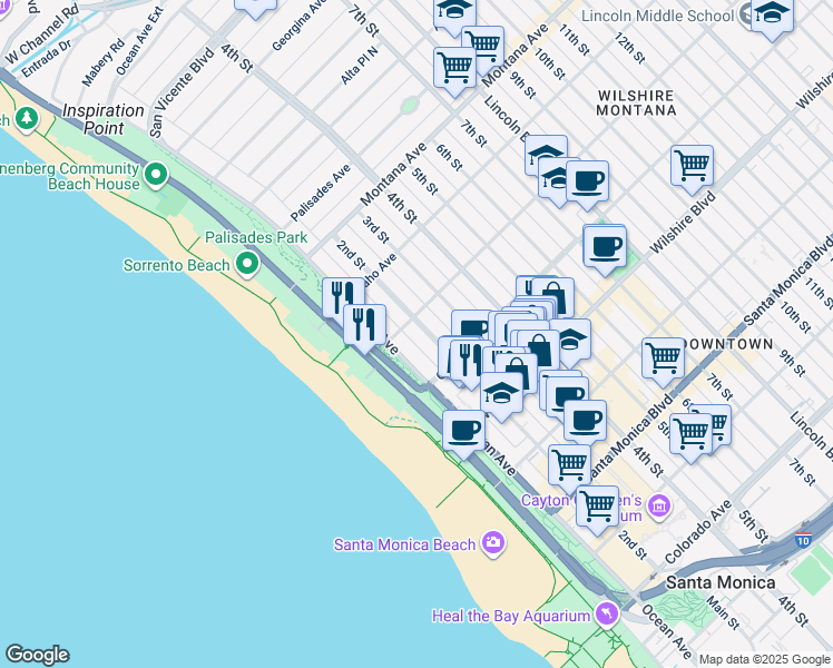map of restaurants, bars, coffee shops, grocery stores, and more near 1017 2nd Street in Santa Monica