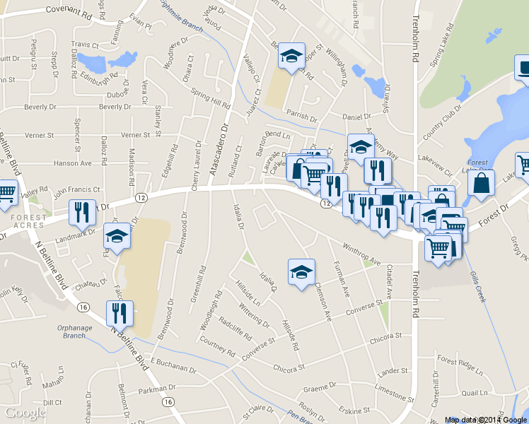 map of restaurants, bars, coffee shops, grocery stores, and more near 4406b Forest Drive in Columbia