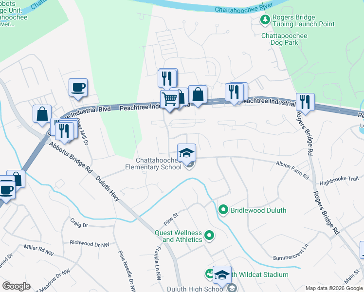 map of restaurants, bars, coffee shops, grocery stores, and more near 2852 Albion Farm Way in Duluth