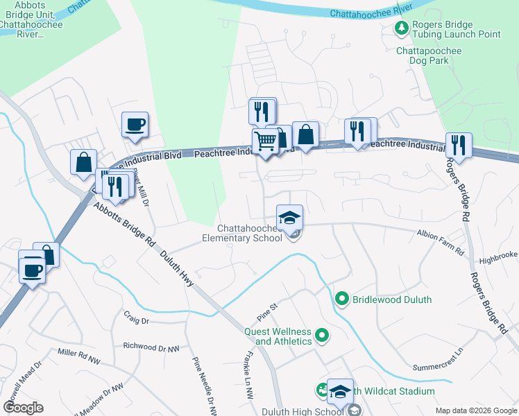 map of restaurants, bars, coffee shops, grocery stores, and more near 4030 Chattahoochee Trace in Duluth