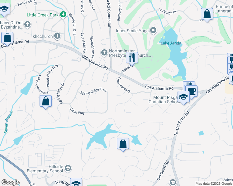 map of restaurants, bars, coffee shops, grocery stores, and more near 350 South Satinwood Place in Roswell