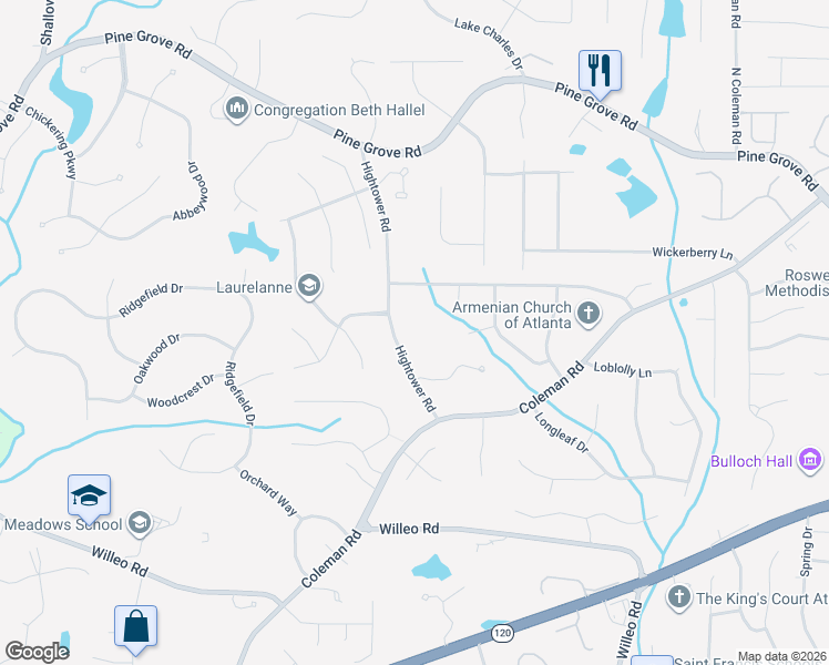 map of restaurants, bars, coffee shops, grocery stores, and more near 9773 Hightower Road in Roswell