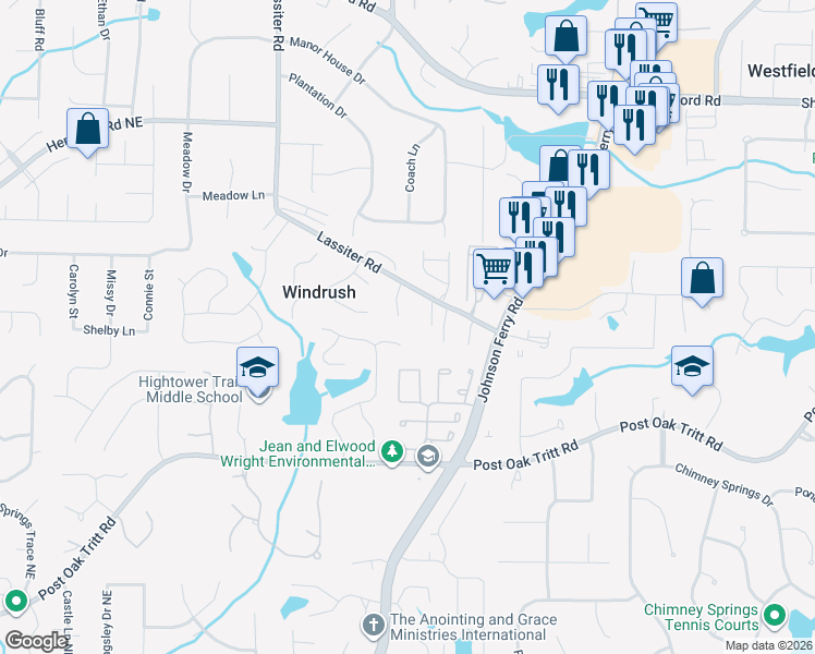 map of restaurants, bars, coffee shops, grocery stores, and more near 2890 Lassiter Manor Drive in Marietta