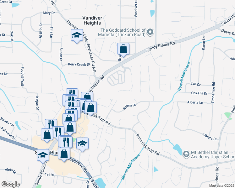 map of restaurants, bars, coffee shops, grocery stores, and more near 2704 Harper Woods Drive in Marietta