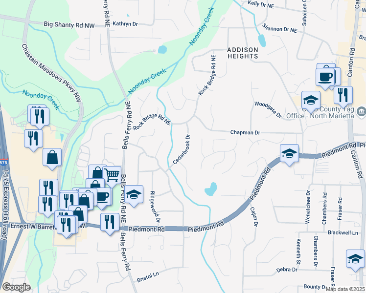 map of restaurants, bars, coffee shops, grocery stores, and more near 2815 Cedarbrook Drive in Marietta