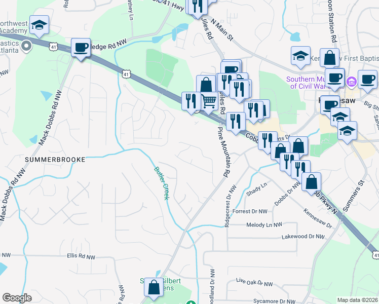 map of restaurants, bars, coffee shops, grocery stores, and more near 2813 Pine Valley Way Northwest in Kennesaw