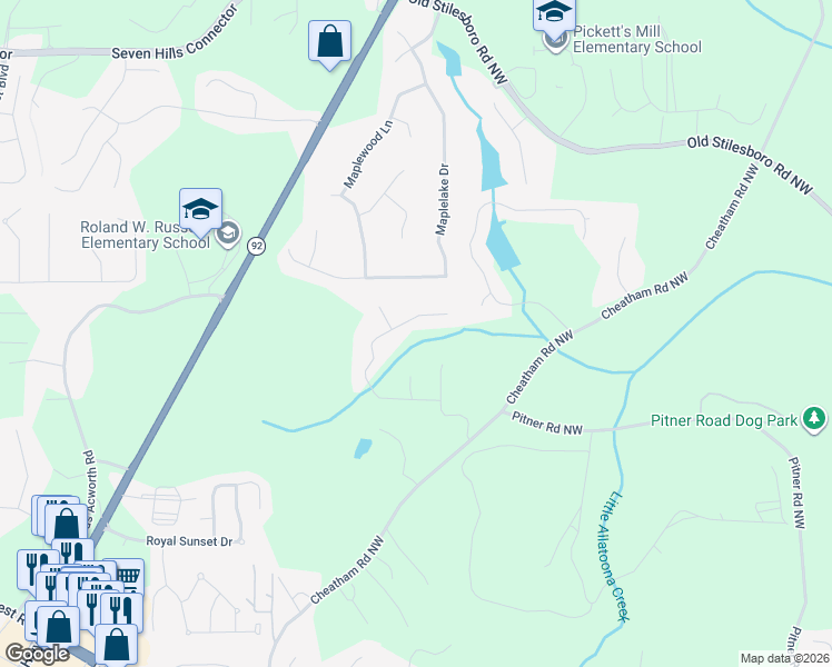 map of restaurants, bars, coffee shops, grocery stores, and more near 384 Highlander Way in Acworth