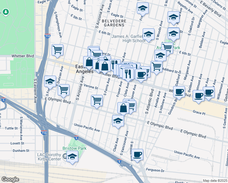 map of restaurants, bars, coffee shops, grocery stores, and more near 957 Fraser Avenue in Los Angeles