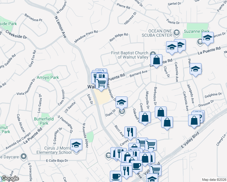 map of restaurants, bars, coffee shops, grocery stores, and more near 20156 Mckay Drive in Walnut