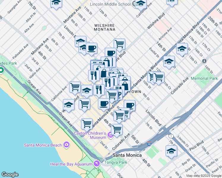 map of restaurants, bars, coffee shops, grocery stores, and more near 632 Arizona Avenue in Santa Monica