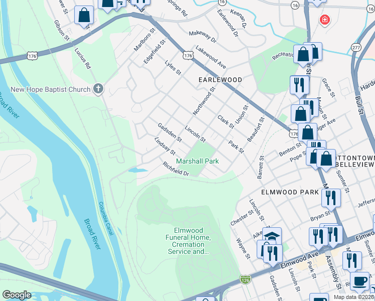 map of restaurants, bars, coffee shops, grocery stores, and more near 3001 Gadsden Street in Columbia