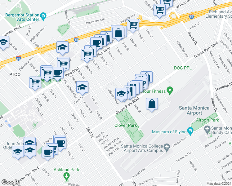 map of restaurants, bars, coffee shops, grocery stores, and more near 17 Village Parkway in Santa Monica