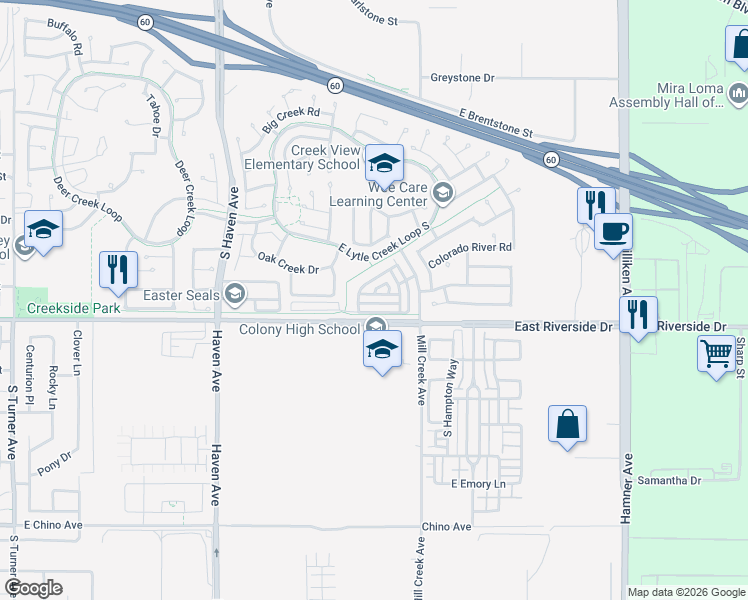 map of restaurants, bars, coffee shops, grocery stores, and more near 3718 Strawberry Creek Way in Ontario
