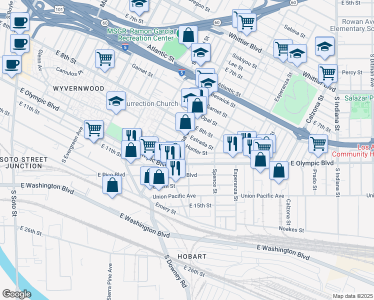 map of restaurants, bars, coffee shops, grocery stores, and more near 1255 Velasco Street in Los Angeles