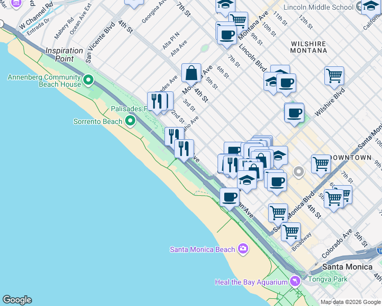 map of restaurants, bars, coffee shops, grocery stores, and more near 967 Ocean Avenue in Santa Monica