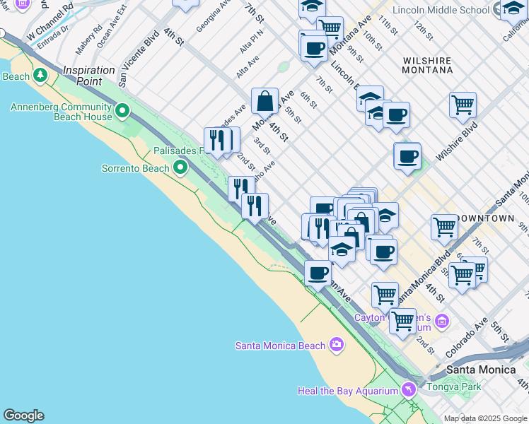 map of restaurants, bars, coffee shops, grocery stores, and more near 967 Ocean Avenue in Santa Monica