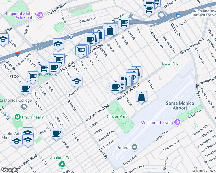 map of restaurants, bars, coffee shops, grocery stores, and more near 17 Village Parkway in Santa Monica