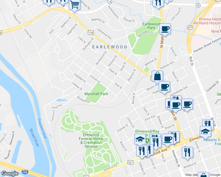map of restaurants, bars, coffee shops, grocery stores, and more near 2828 Lincoln Street in Columbia