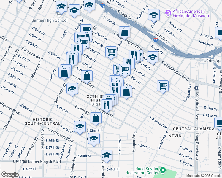 map of restaurants, bars, coffee shops, grocery stores, and more near 1008 East 25th Street in Los Angeles