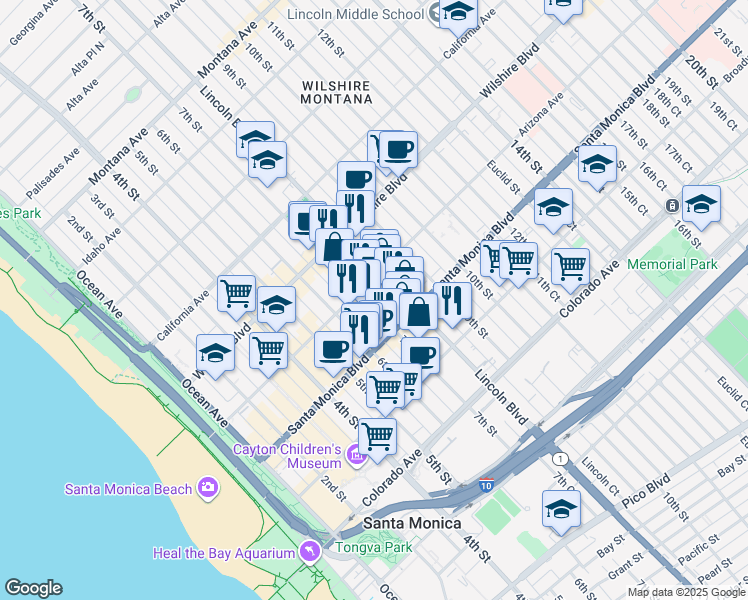 map of restaurants, bars, coffee shops, grocery stores, and more near 1317 7th Street in Santa Monica
