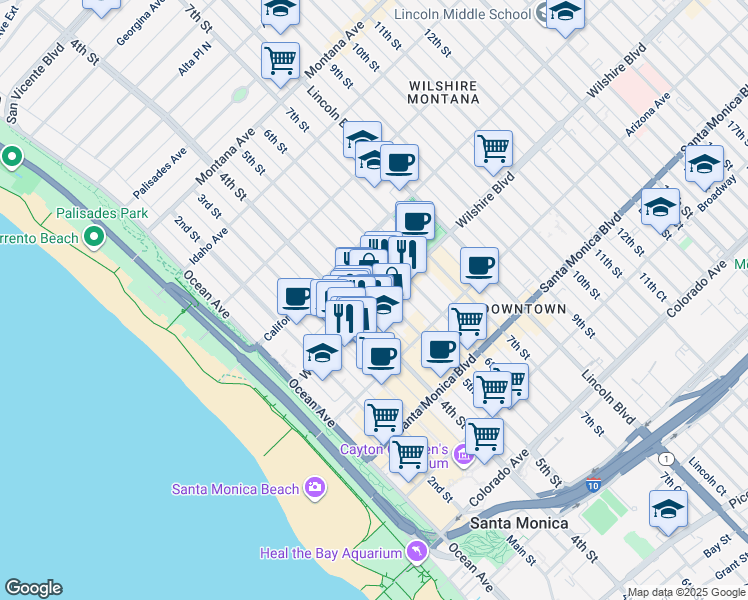 map of restaurants, bars, coffee shops, grocery stores, and more near 401 Wilshire Boulevard in Santa Monica