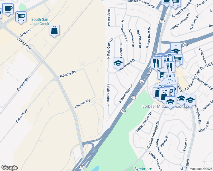 map of restaurants, bars, coffee shops, grocery stores, and more near 157 South Palo Cedro Drive in Diamond Bar