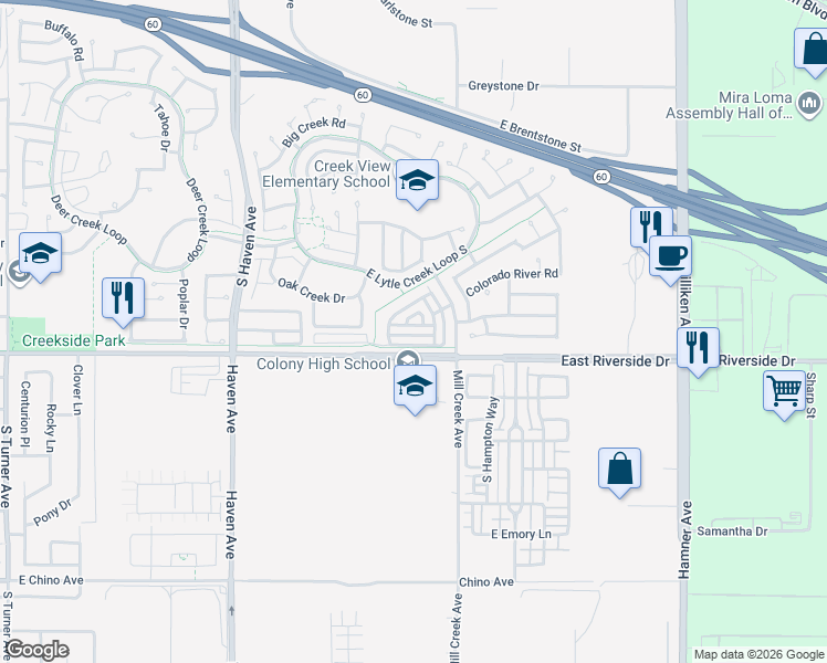 map of restaurants, bars, coffee shops, grocery stores, and more near 3722 Strawberry Creek Way in Ontario