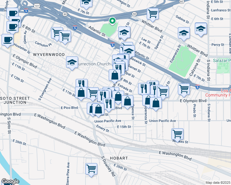 map of restaurants, bars, coffee shops, grocery stores, and more near 1255 Velasco Street in Los Angeles