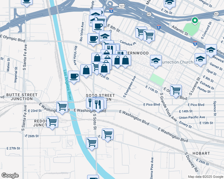 map of restaurants, bars, coffee shops, grocery stores, and more near 2871 East Pico Boulevard in Los Angeles