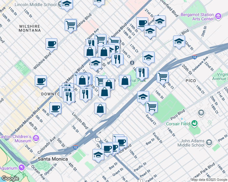 map of restaurants, bars, coffee shops, grocery stores, and more near 1620 12th Court in Santa Monica