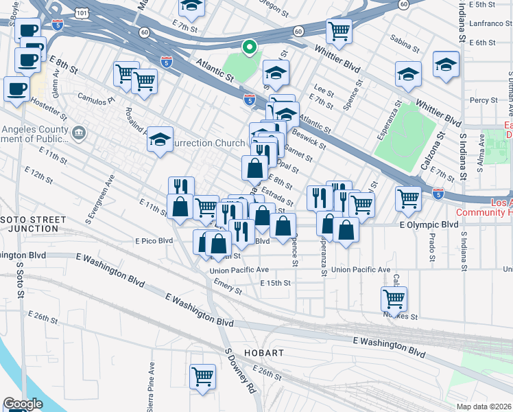 map of restaurants, bars, coffee shops, grocery stores, and more near 1257 Velasco Street in Los Angeles