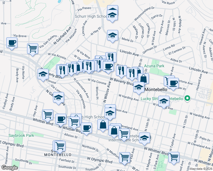 map of restaurants, bars, coffee shops, grocery stores, and more near 417 North Wilcox Avenue in Montebello