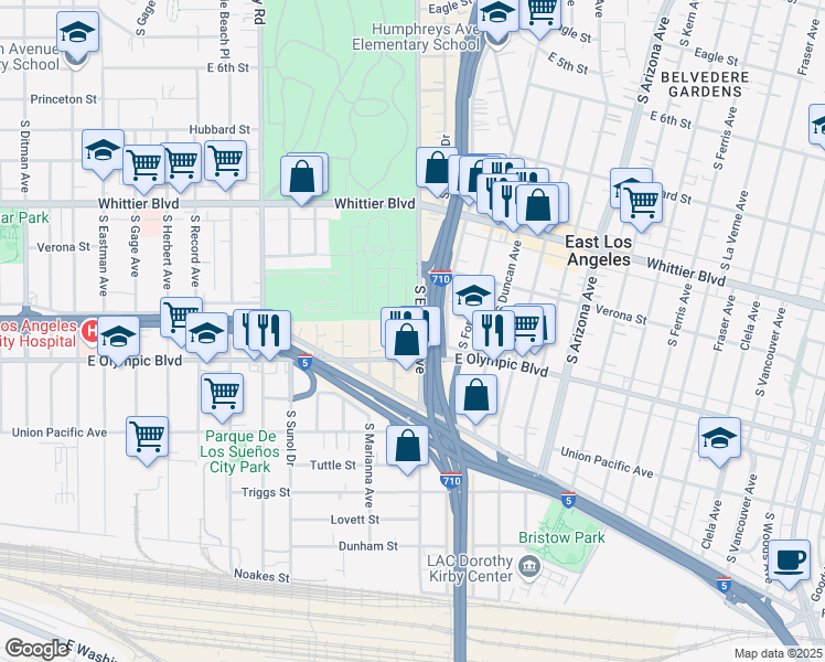 map of restaurants, bars, coffee shops, grocery stores, and more near 1142 1/2 Wilkins Avenue in Los Angeles