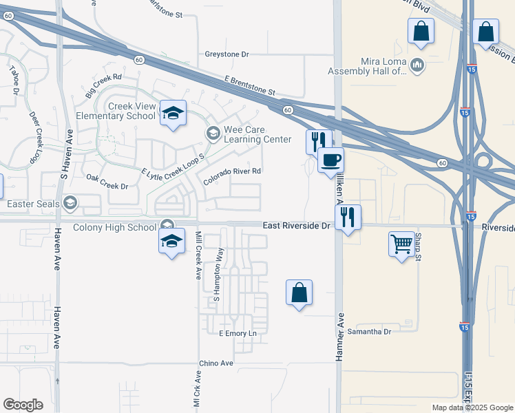 map of restaurants, bars, coffee shops, grocery stores, and more near 3967 San Lorenzo River Road in Ontario