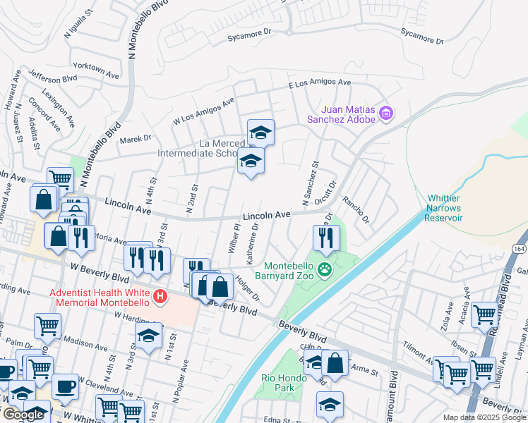 map of restaurants, bars, coffee shops, grocery stores, and more near 700 Katherine Drive in Montebello