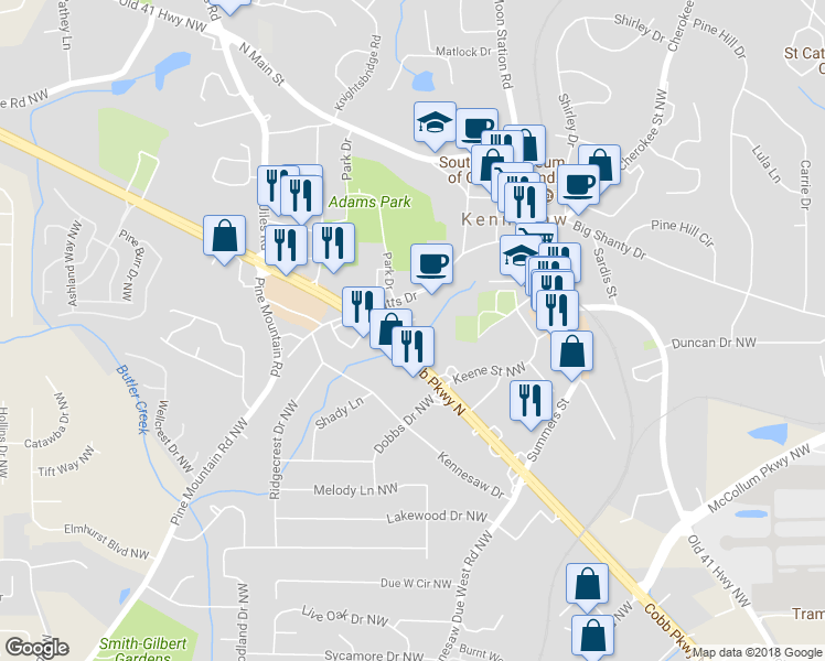 map of restaurants, bars, coffee shops, grocery stores, and more near 2420 Powell Place Northwest in Kennesaw