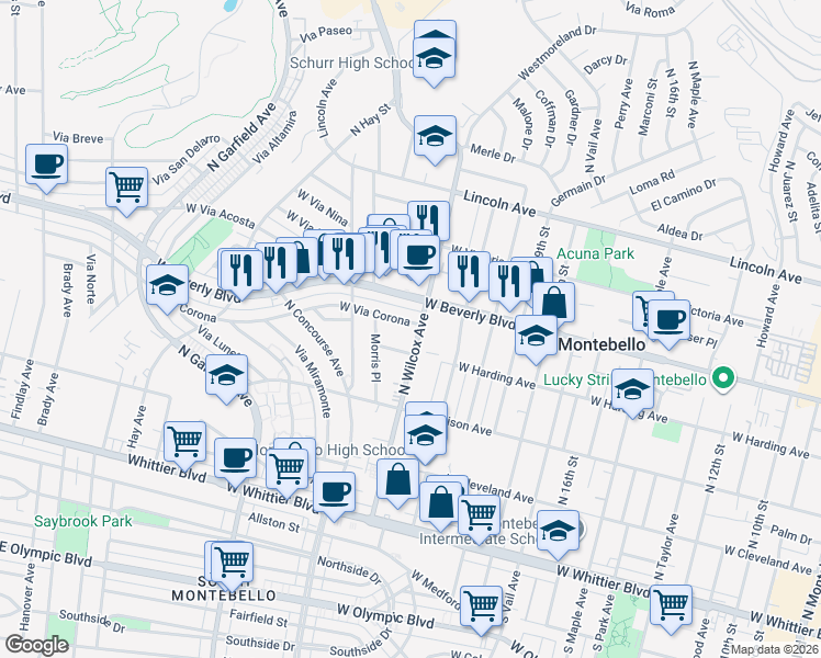 map of restaurants, bars, coffee shops, grocery stores, and more near 417 North Wilcox Avenue in Montebello