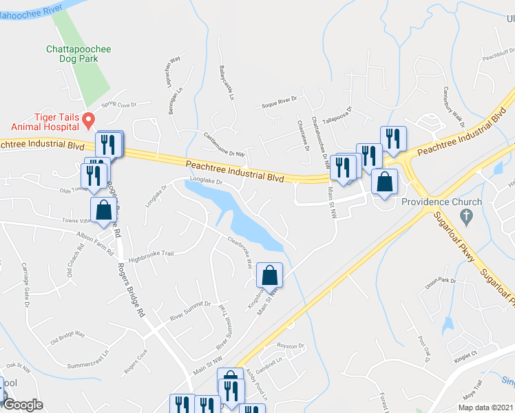 map of restaurants, bars, coffee shops, grocery stores, and more near 2389 Lake Villas Lane in Duluth