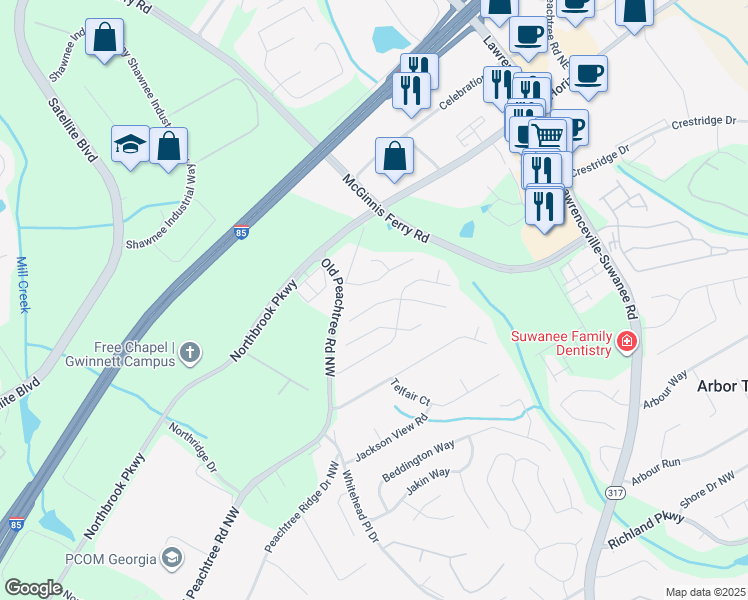 map of restaurants, bars, coffee shops, grocery stores, and more near 2865 White Blossom Lane in Suwanee