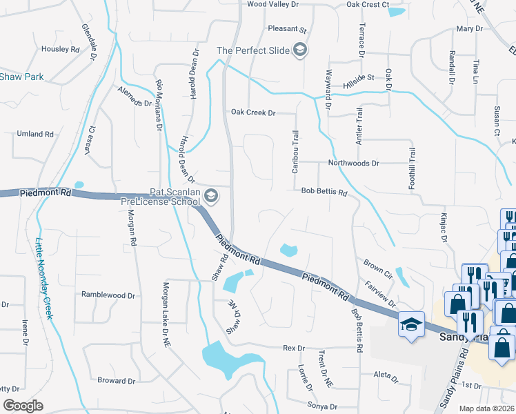 map of restaurants, bars, coffee shops, grocery stores, and more near 1425 Castlebrooke Way in Marietta