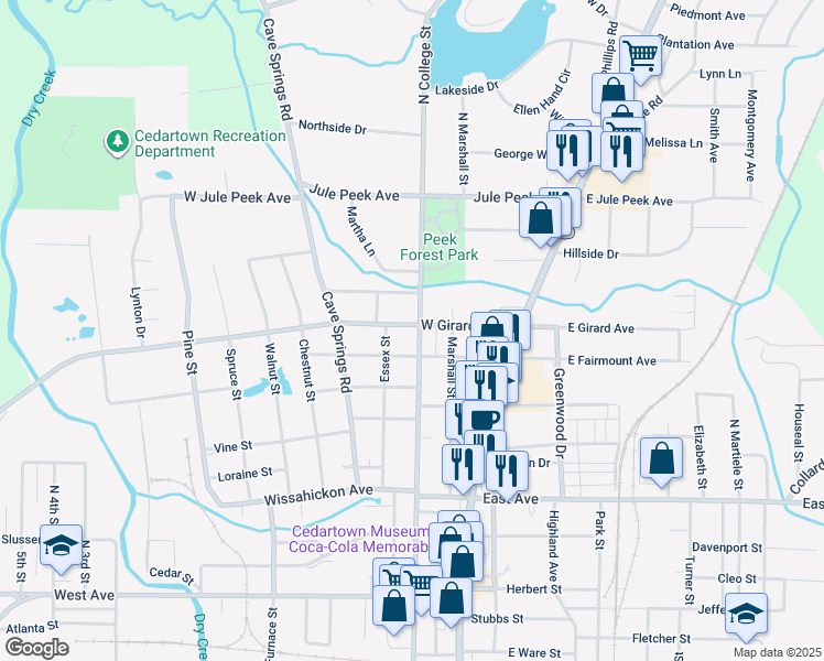 map of restaurants, bars, coffee shops, grocery stores, and more near 411 North College Street in Cedartown