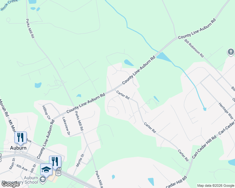 map of restaurants, bars, coffee shops, grocery stores, and more near 312 Carter Road in Auburn