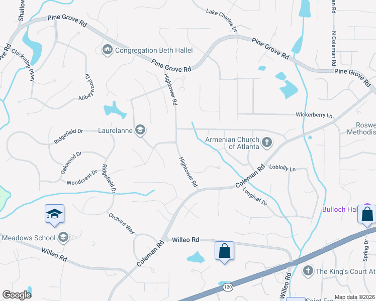 map of restaurants, bars, coffee shops, grocery stores, and more near 9773 Hightower Road in Roswell