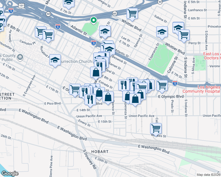 map of restaurants, bars, coffee shops, grocery stores, and more near 3470 Estrada Street in Los Angeles