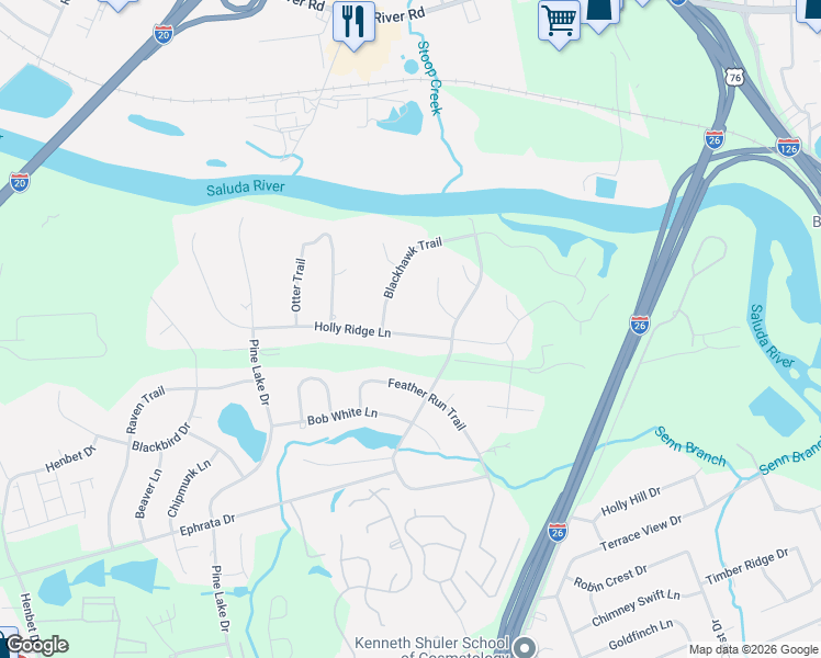 map of restaurants, bars, coffee shops, grocery stores, and more near 124 Holly Ridge Lane in West Columbia