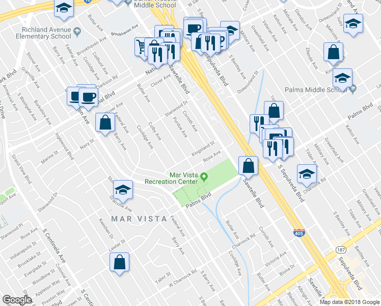 map of restaurants, bars, coffee shops, grocery stores, and more near 11409 Kingsland Street in Los Angeles