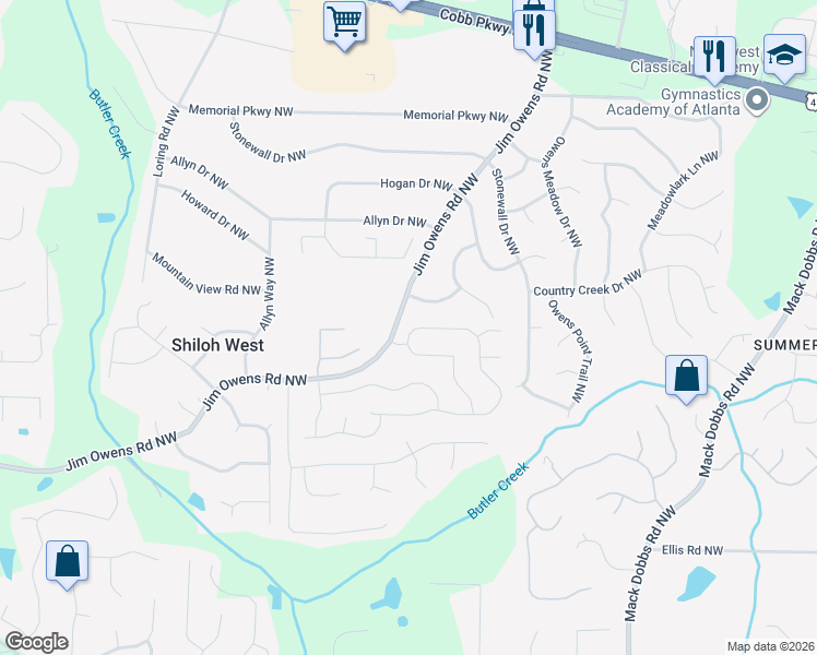 map of restaurants, bars, coffee shops, grocery stores, and more near 2647 Marleigh Farm Road Northwest in Kennesaw
